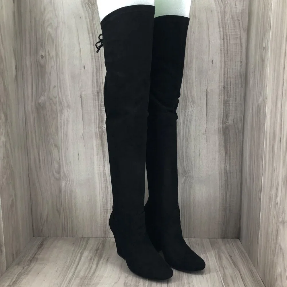 Qupid OTK Boots Womens 7.5 Black Faux Suede Over The Knee Pull On Heeled